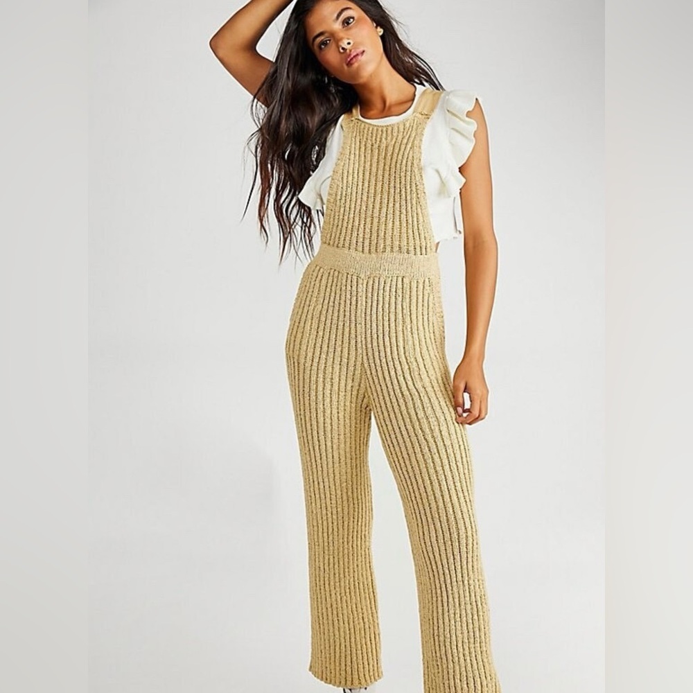 Free People Tan Ribbed Knit Jumpsuit with Ruffle Sleeve Top Size M